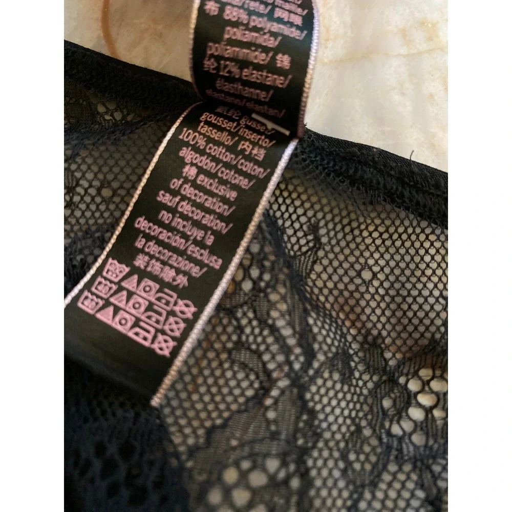 Victoria's Secret Black Floral Lace Strappy Sheer Mesh Thong Panty Medium